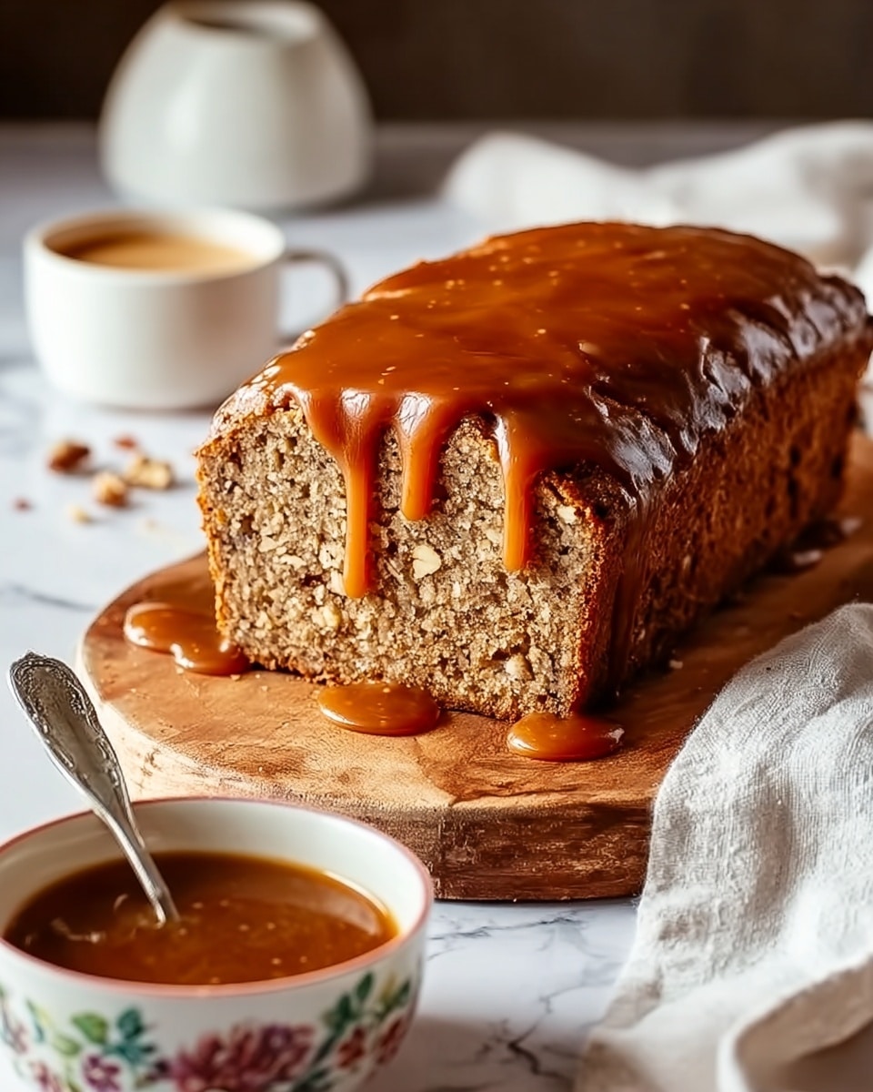 The image shows a loaf of nut bread on a round wooden board, placed on a white marbled surface. The loaf has three visible layers: the bottom is a dense, light brown bread mixed with small pieces of nuts; the middle layer is moist and stretches from the cut front face to the back; the top is covered with a thick, shiny caramel sauce that drips heavily over the sides of the loaf and onto the wooden board. In the background, there is a small white cup containing a light brown drink, and in the foreground, a white bowl with floral patterns holds more caramel sauce with a spoon inside. A white cloth napkin is partially draped on the right side of the board. Photo taken with an iphone --ar 4:5 --v 7