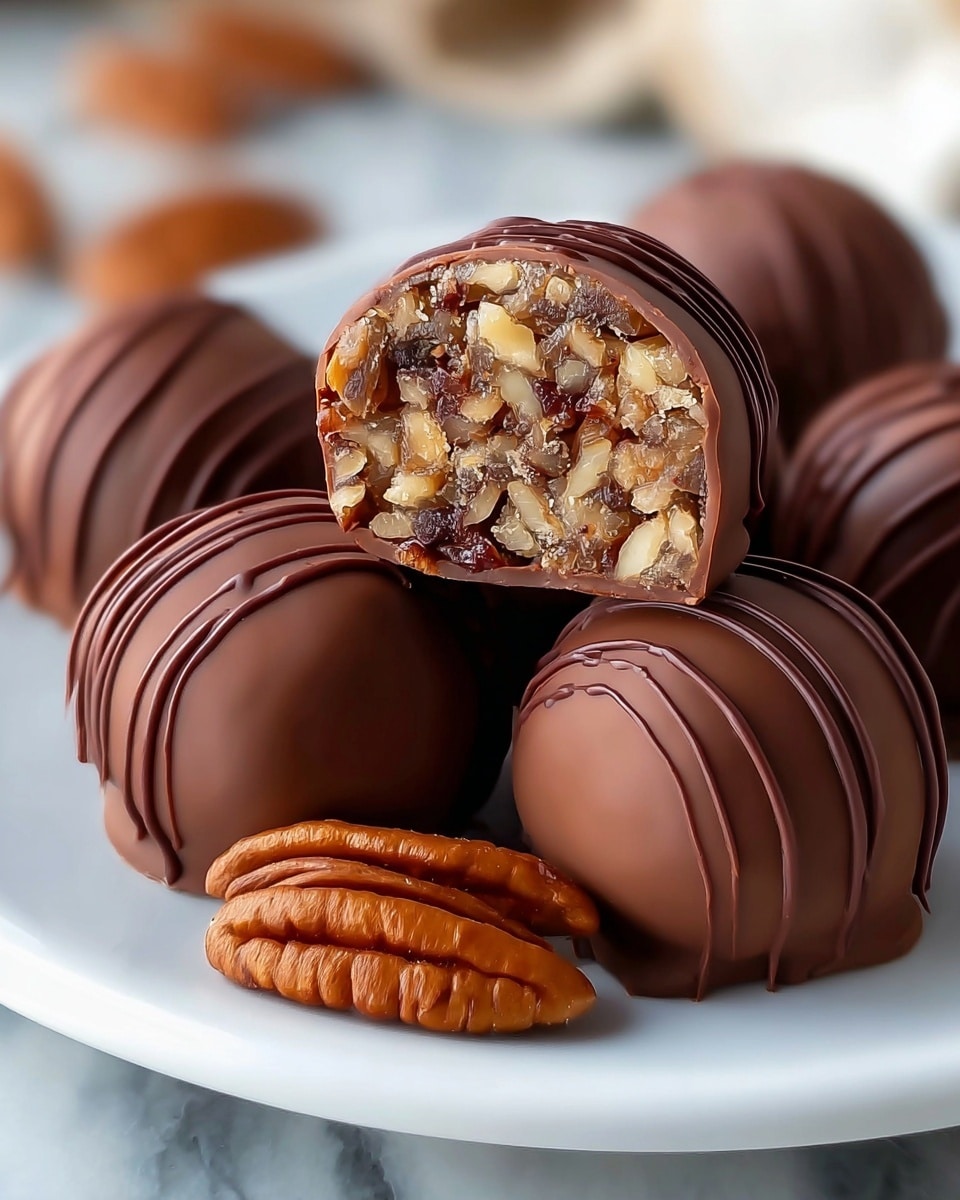 The image shows several round chocolate-covered balls on a white plate, each with a smooth, shiny brown chocolate outer layer decorated with thin chocolate lines running around them. Two of the balls are cut in half, revealing a dense, chunky interior filled with mixed nuts including pecans, which have warm brown and beige colors with a rough texture. One whole pecan lies next to the cut pieces on the plate. The background is softly blurred, with a white marbled surface underneath the plate. Photo taken with an iphone --ar 4:5 --v 7