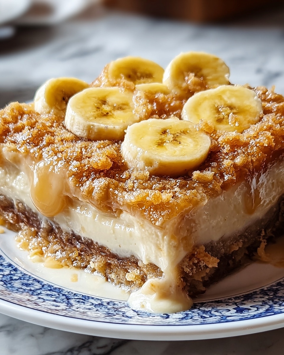 A close-up view of a dessert in a white bowl with blue patterns, showing three clear layers: the bottom layer is light brown and crumbly, the middle layer is glossy and creamy beige, and the top layer is golden-brown with a slightly rough texture. On top, there are several slices of banana with a pale yellow color and soft texture, arranged evenly. The dessert looks moist and slightly sticky, with syrup seeping between the layers. The background is a white marbled texture. Photo taken with an iphone --ar 4:5 --v 7