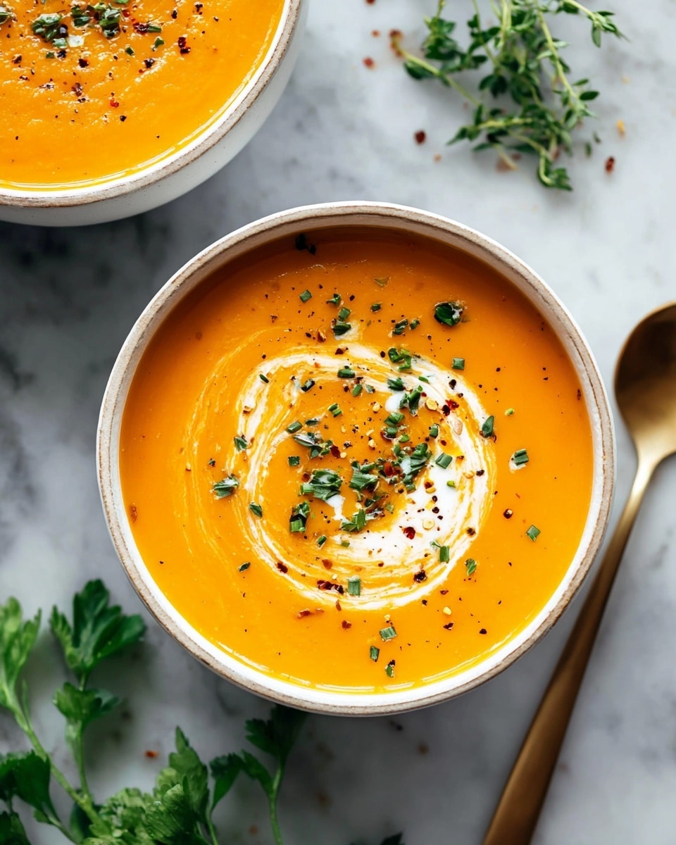 A white bowl filled with smooth, bright orange soup, topped with a swirl of white cream, sprinkled with small green chopped herbs, black pepper, and red flakes. The bowl sits on a white marbled surface with fresh green herb sprigs nearby. Part of another white bowl with the same soup is visible at the top left, and a gold spoon rests on the right side. photo taken with an iphone --ar 4:5 --v 7