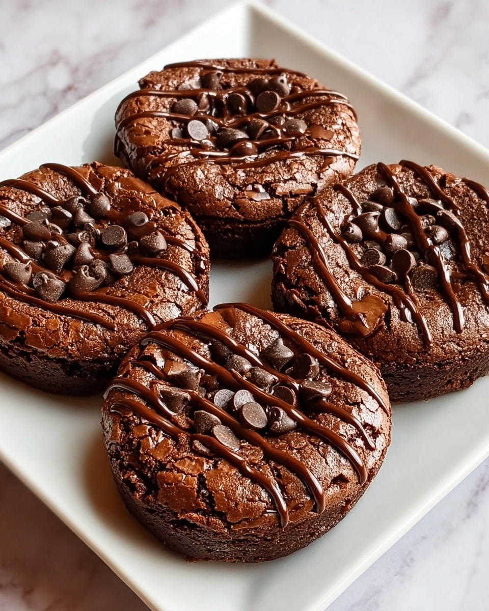 The image shows four round chocolate brownies placed on a white square plate. Each brownie has a slightly cracked top layer that reveals a moist, dense brownie base which is dark brown and rich in texture. On top of each brownie, there are scattered chocolate chips and glossy chocolate drizzle lines crossing over in even patterns. The plate rests on a white marbled surface, enhancing the rich, dark colors of the brownies. photo taken with an iphone --ar 4:5 --v 7