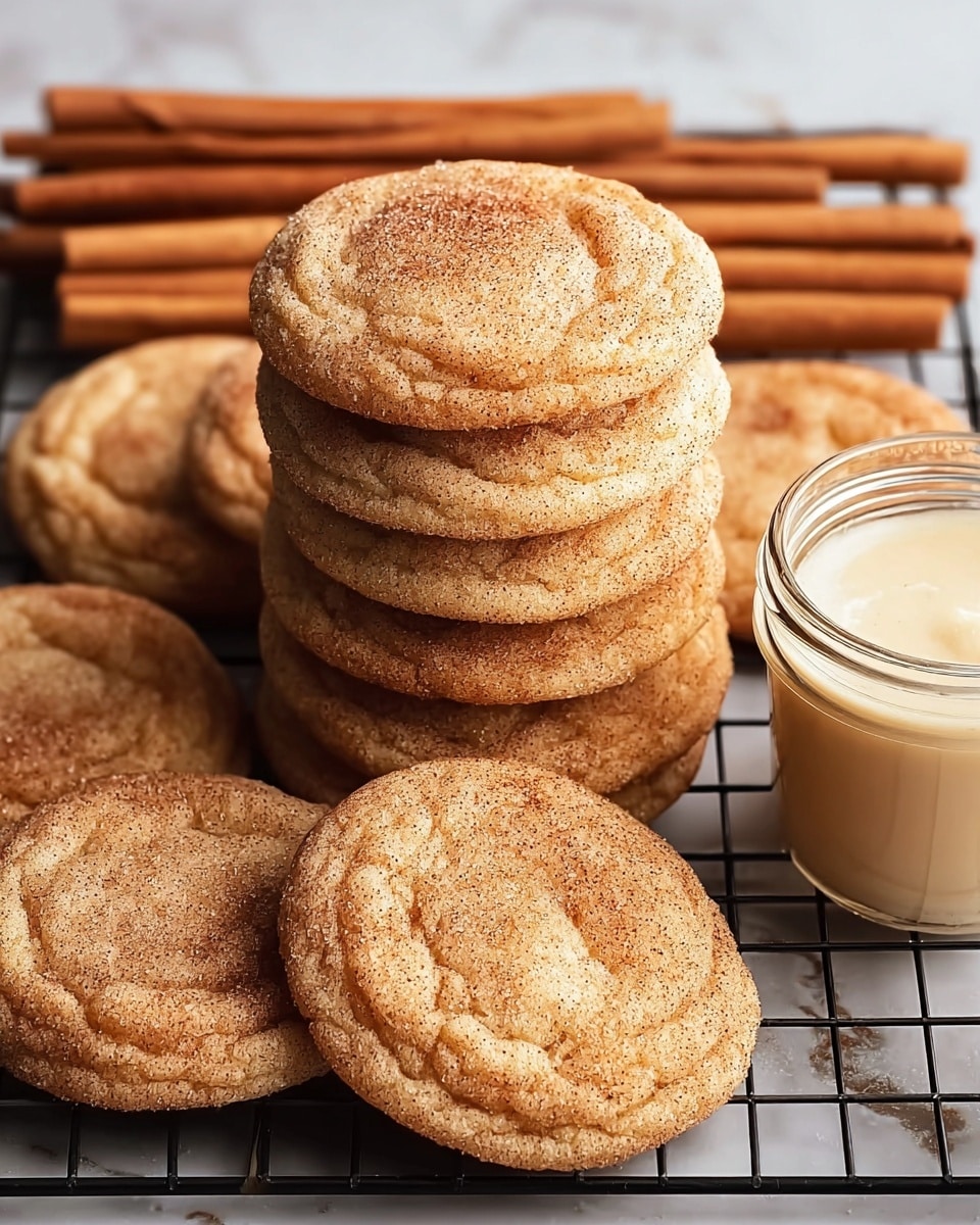 A stack of soft, round cinnamon sugar cookies with cracked tops and a light golden brown color sits on a black wire rack. The cookies show a textured surface with a cinnamon-sugar coating giving a slightly grainy look in some spots. Behind the cookies, there are several smooth cinnamon sticks placed horizontally in a neat line, adding a deep brown contrast. On the lower right side, a small glass jar filled with pale, creamy vanilla sauce with a few tiny vanilla bean specks is placed. The whole setup is on a white marbled texture. photo taken with an iphone --ar 4:5 --v 7