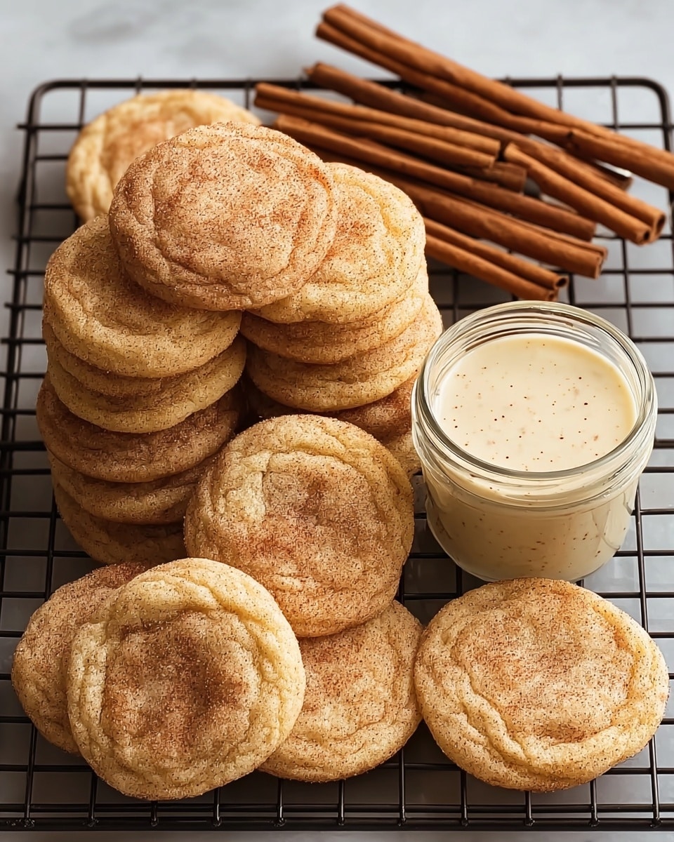 A pile of soft, round cinnamon sugar cookies with a light brown color, showing slight cracks and a textured sugar coating on top, stacked in two layers on a black cooling rack; behind the cookies are several brown cinnamon sticks arranged horizontally. To the right of the cookies sits a small clear glass jar filled with a creamy white vanilla sauce with tiny dark specks, all placed on a white marbled textured surface. Photo taken with an iphone --ar 4:5 --v 7