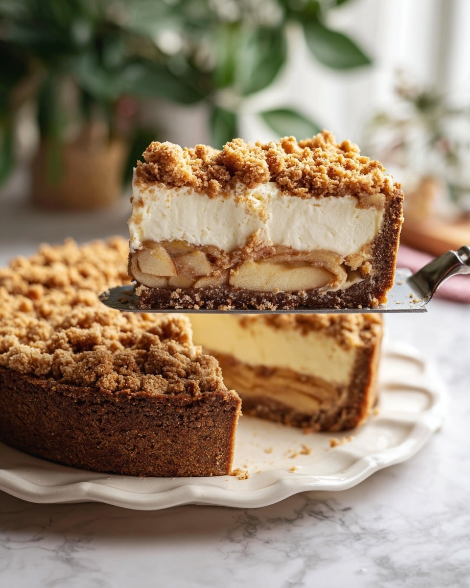 A thick slice of pie is being lifted on a metal spatula, showing four distinct layers. The base is a dark brown, crumbly crust that also forms high edges around the pie. Above the crust is a smooth, creamy white layer filling most of the slice. Next is a thin layer of soft, light brown apple pieces visible under a textured top layer. The top is a golden crumbly mixture sprinkled evenly, adding a rough texture. The pie sits on a white plate with a wavy edge, placed on a white marbled surface, with blurred green plants and light background elements in the back. photo taken with an iphone --ar 4:5 --v 7