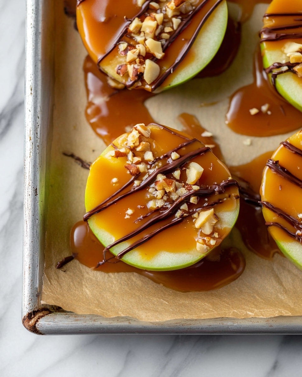 The image shows thin round slices of green apple with a smooth light green skin and white flesh. Each slice is covered with a thick layer of glossy caramel, golden brown in color, dripping slightly over the edges. On top of the caramel, there are small pieces of chopped nuts spread on one side. Dark chocolate is drizzled over the caramel and nuts in thin, uneven lines. The apples rest on a sheet of parchment paper on a metal tray, placed over a white marbled surface. photo taken with an iphone --ar 4:5 --v 7