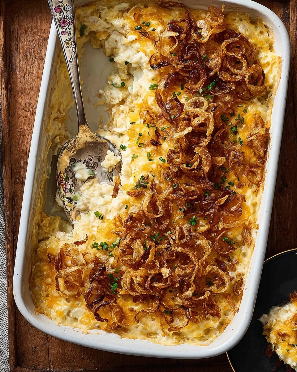 A rectangular white baking dish filled with a creamy yellow and white layered casserole, topped with a generous amount of crispy, golden-brown fried onions spread unevenly on the surface. The casserole has a somewhat textured top with bits of melted cheese visible. A silver spoon with floral design is partially scooping out a portion from the top left area, showing the soft, creamy inside that blends white and yellow tones. Small green herb sprinkles are scattered over the dish. The dish sits on a wooden surface with a small portion of a black plate holding a slice of the casserole visible nearby. Photo taken with an iphone --ar 4:5 --v 7