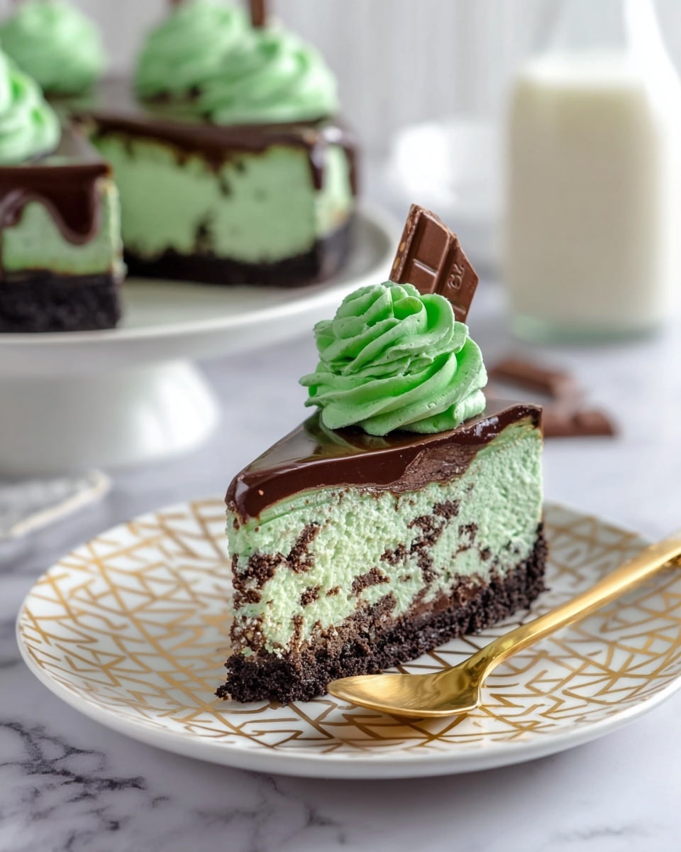 A slice of mint chocolate cheesecake is shown on a white plate with a golden geometric pattern. The cheesecake has three clear layers: a dark brown chocolate cookie crust at the bottom, a thick, light green mint cheesecake layer with small chocolate pieces throughout, and a smooth, shiny dark chocolate ganache layer on top. On the ganache sits a swirl of bright green whipped cream, topped with a small stick of chocolate placed vertically. A gold spoon with a small piece of cheesecake rests on the plate. The background is a white marbled surface with a blurred whole cheesecake on a white stand and a bottle of milk in the distance. Photo taken with an iphone --ar 4:5 --v 7