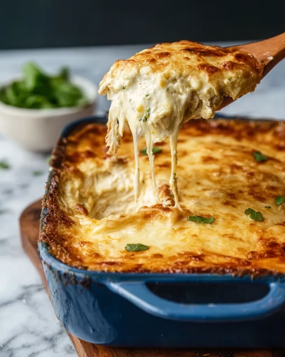 A blue baking dish filled with a hot baked dip, showing a golden, bubbly top layer of melted cheese that is slightly browned around the edges. The dish has one serving being lifted with a wooden spoon, revealing a thick, creamy middle layer with shredded chicken and cheese stretching down. The top cheese layer is smooth with a few small herbs on top. The background shows a blurred white marbled surface and a small white bowl with green leaves. photo taken with an iphone --ar 4:5 --v 7