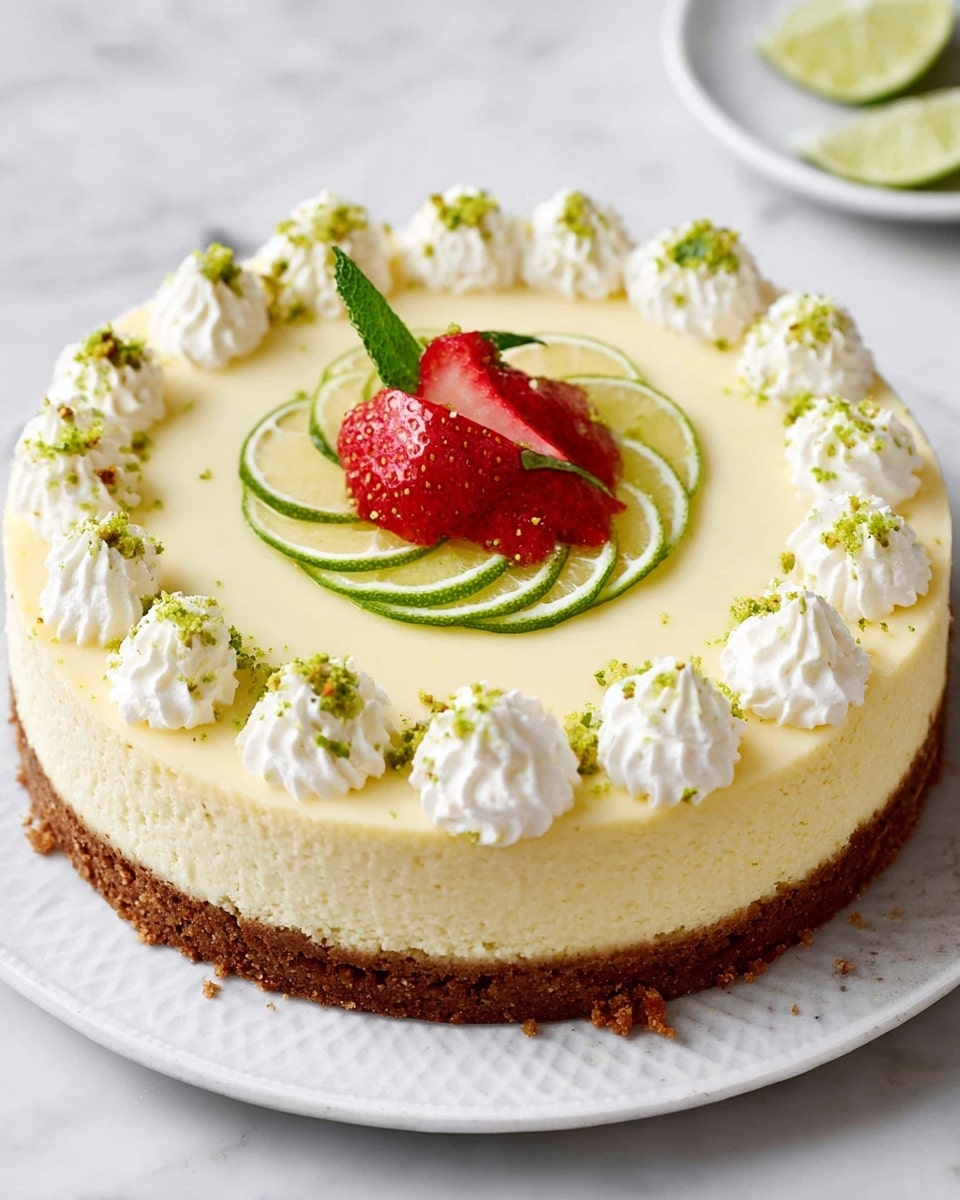 A round cheesecake with two visible layers sits on a white plate with subtle texture, placed on a white marbled surface. The bottom layer is a thick, crumbly brown crust, while the top layer is smooth and pale yellow cream cheese. The top of the cheesecake is decorated with white whipped cream dollops, each topped with a small curved slice of lime and a sprinkle of green lime zest. In the center, several thin lime slices form a small circle, topped by a large, sliced red strawberry with visible seeds and a few green mint leaves around it. The cheesecake is pre-cut into ten slices with clean cut lines. Photo taken with an iphone --ar 4:5 --v 7