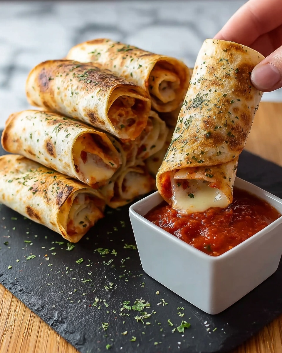 A close-up shows five rolled wraps stacked in a pyramid shape on a dark slate board, all wrapped in a thin, golden-brown flatbread sprinkled with green herbs. One wrap is held by a woman's hand, dipping into a small white square bowl filled with thick red tomato sauce. The wraps reveal a glimpse of melted cheese and tomato sauce inside. Small bits of green herbs are scattered around the board, which rests on a surface with a white marbled texture. photo taken with an iphone --ar 4:5 --v 7