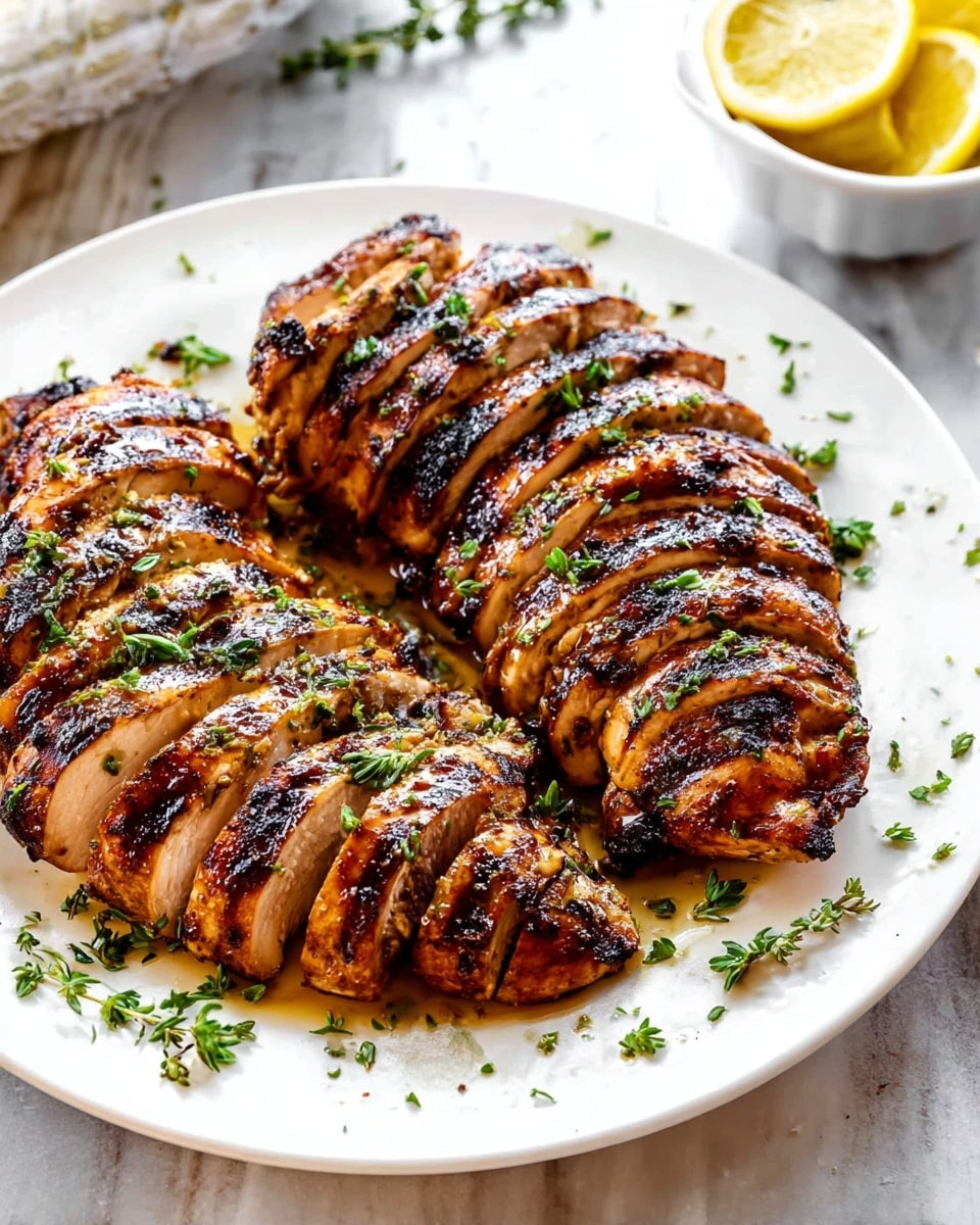 A white plate holds two grilled chicken breasts sliced into thick pieces, each breast showing about 10 visible slices arranged to keep the shape of the chicken. The chicken has a charred, caramelized surface with a mix of dark brown grill marks and golden brown cooked meat. Sprinkles of fresh green herbs are scattered on and around the chicken, adding contrast. The plate sits on a white marbled textured surface, with a small white bowl of lemon slices blurred in the background. Photo taken with an iphone --ar 4:5 --v 7