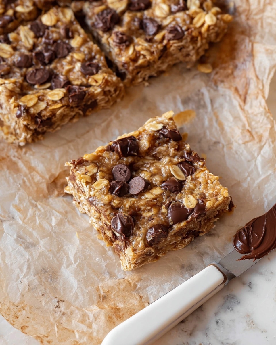 The image shows square oat bars with visible large rolled oats and dark chocolate chips embedded on top and throughout. The oat bars have a golden-brown, slightly shiny, textured surface. They are placed on crinkled parchment paper with a slightly uneven light brown color. Next to the bars is a white-handled spreading knife with traces of chocolate spread on the blade. The whole scene is set on a white marbled surface. photo taken with an iphone --ar 4:5 --v 7