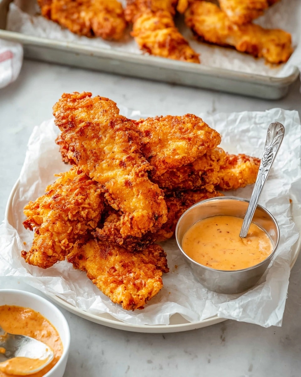 A white plate lined with white parchment paper holds a stack of golden-brown fried chicken tenders with a crispy texture. Next to the chicken is a small silver metal cup filled with creamy orange dipping sauce. The plate sits on a white marbled surface, with a spoon resting in a small white bowl of the same dipping sauce visible in the lower left corner. In the background, a metal tray lined with parchment paper holds more pieces of fried chicken. The image shows warm colors with a focus on the crunchy texture of the chicken. photo taken with an iphone --ar 4:5 --v 7