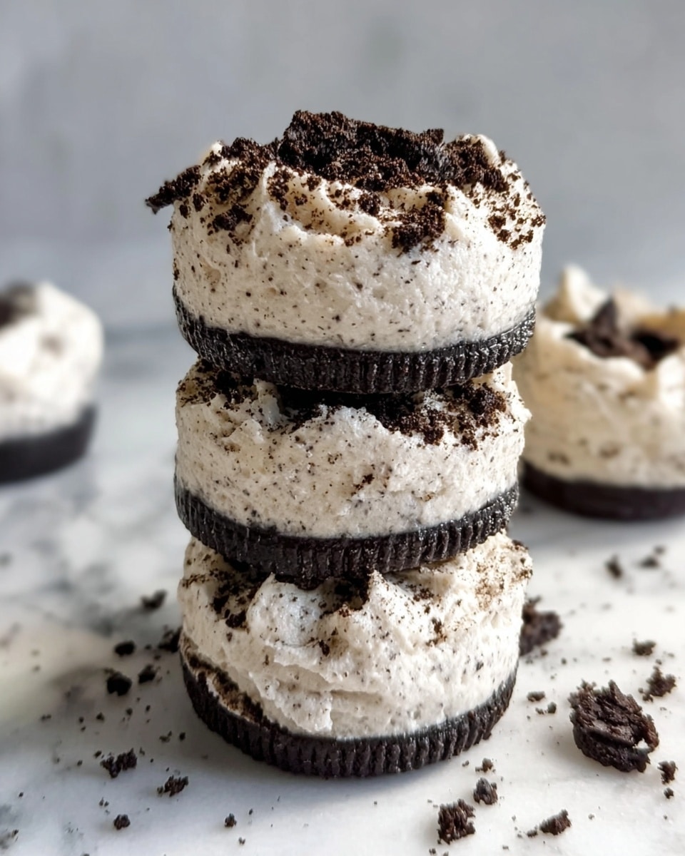 The image shows a stack of three small treats, each made with three layers. The bottom and middle layers are dark chocolate cookie disks that are almost black in color and have a smooth, shiny texture. Between each cookie disk is a thick, light cream layer that looks soft and speckled with tiny dark bits. The top layer is a fluffy white cream with dark cookie crumbs scattered thickly across the surface. The stacked treats sit on a white marbled surface with some crumbs around them, and the background is also white marbled. Photo taken with an iphone --ar 4:5 --v 7