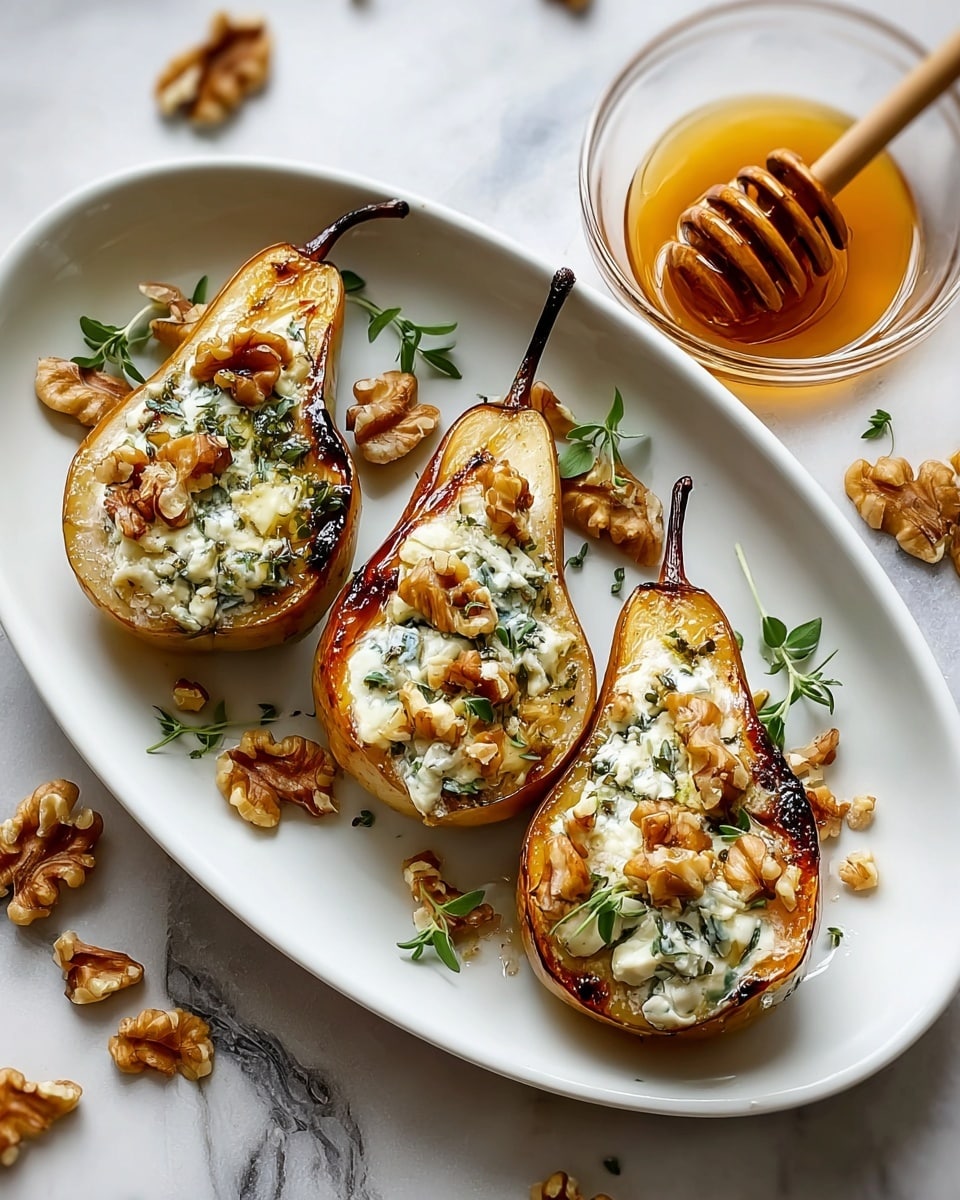 The dish shows four golden brown grilled pear halves arranged evenly on a white oval plate, each filled with a creamy white and blue veined cheese mixture topped with chopped light brown walnuts and small green herb leaves. The pears have a caramelized surface with slight char marks on the edges. Around the pears, there are small drops of golden honey and scattered walnut pieces with extra green herb sprigs. To the side on the white marbled surface, there is a small clear glass bowl filled with amber honey and a wooden honey dipper resting inside. Photo taken with an iphone --ar 4:5 --v 7