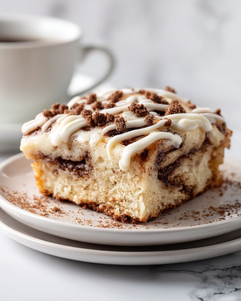 A close-up of a single cinnamon roll square piece placed in the middle of a white plate, sitting on another white plate. The cinnamon roll has three visible layers: the base is a light brown soft dough with darker swirls of cinnamon throughout, the middle has a mix of dough and cinnamon syrup in a swirl pattern, and the top layer has a white creamy icing drizzled in thick lines with small pieces of dark brown cinnamon crumbs sprinkled on top. The background is a white marbled texture. Photo taken with an iphone --ar 4:5 --v 7