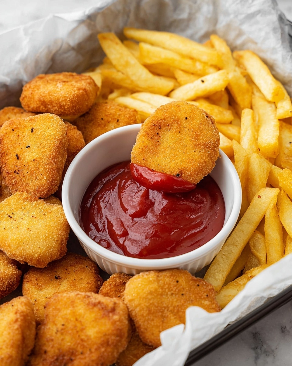 The image shows a small white bowl of thick, shiny red ketchup in the foreground, with several golden-brown chicken nuggets leaning on the bowl and stacked nearby; one nugget is broken in half to show a pale, textured inside. Behind the nuggets, there is a small metal basket filled with thick, crispy golden fries. The background is a soft beige cloth, and the whole scene is set on a white marbled surface with some crumbs and fries scattered around. photo taken with an iphone --ar 4:5 --v 7