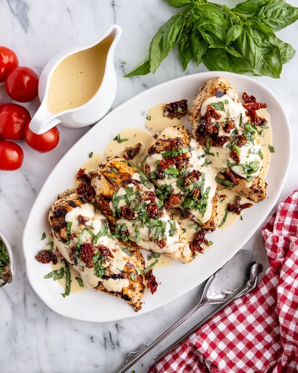 A white oval plate holds four grilled chicken breasts arranged side by side, each topped with soft white cheese, scattered chopped green basil, and small pieces of dark red sun-dried tomatoes. A light creamy sauce with herbs is drizzled over the chicken and cheese, some spilling onto the plate. To the left is a white sauce boat filled with more creamy sauce, placed on a white marbled surface. Fresh green basil leaves and two red tomatoes rest in the top right corner, while a red and white checkered cloth sits folded in the bottom left. A metal grilled tong is positioned near the plate on the right side. Photo taken with an iphone --ar 4:5 --v 7