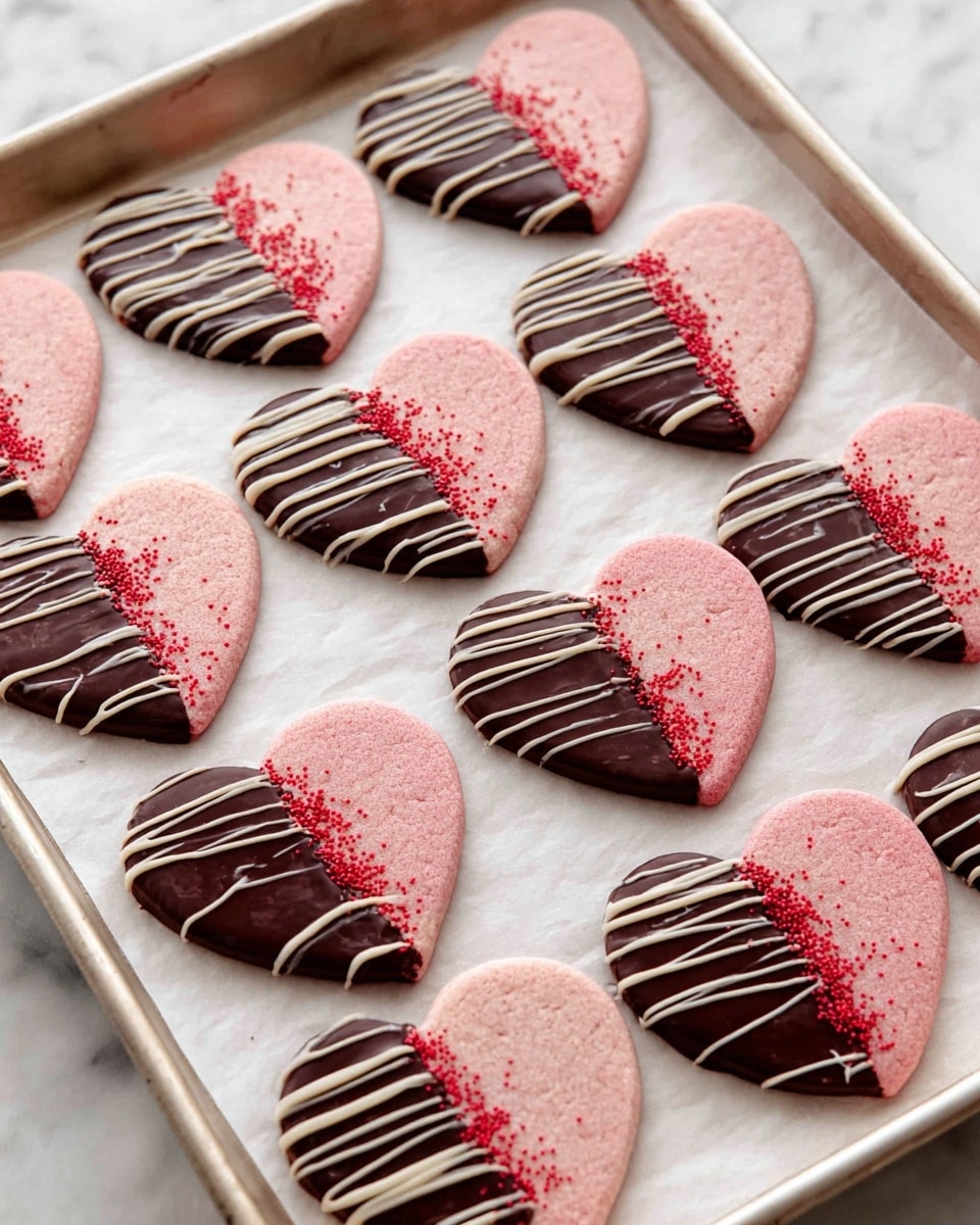 A white plate holds eight heart-shaped cookies, each cookie split diagonally into two halves: one half is light pink with a slightly grainy texture, while the other half is coated in glossy dark chocolate decorated with thin, messy white icing lines drizzled across. Small red sprinkles are scattered on the chocolate side of the cookies. There are three fresh raspberries and two small green mint leaves placed on the plate, adding bright red and green colors. The plate sits on a white marbled surface, giving the whole scene a clean and simple look. photo taken with an iphone --ar 4:5 --v 7