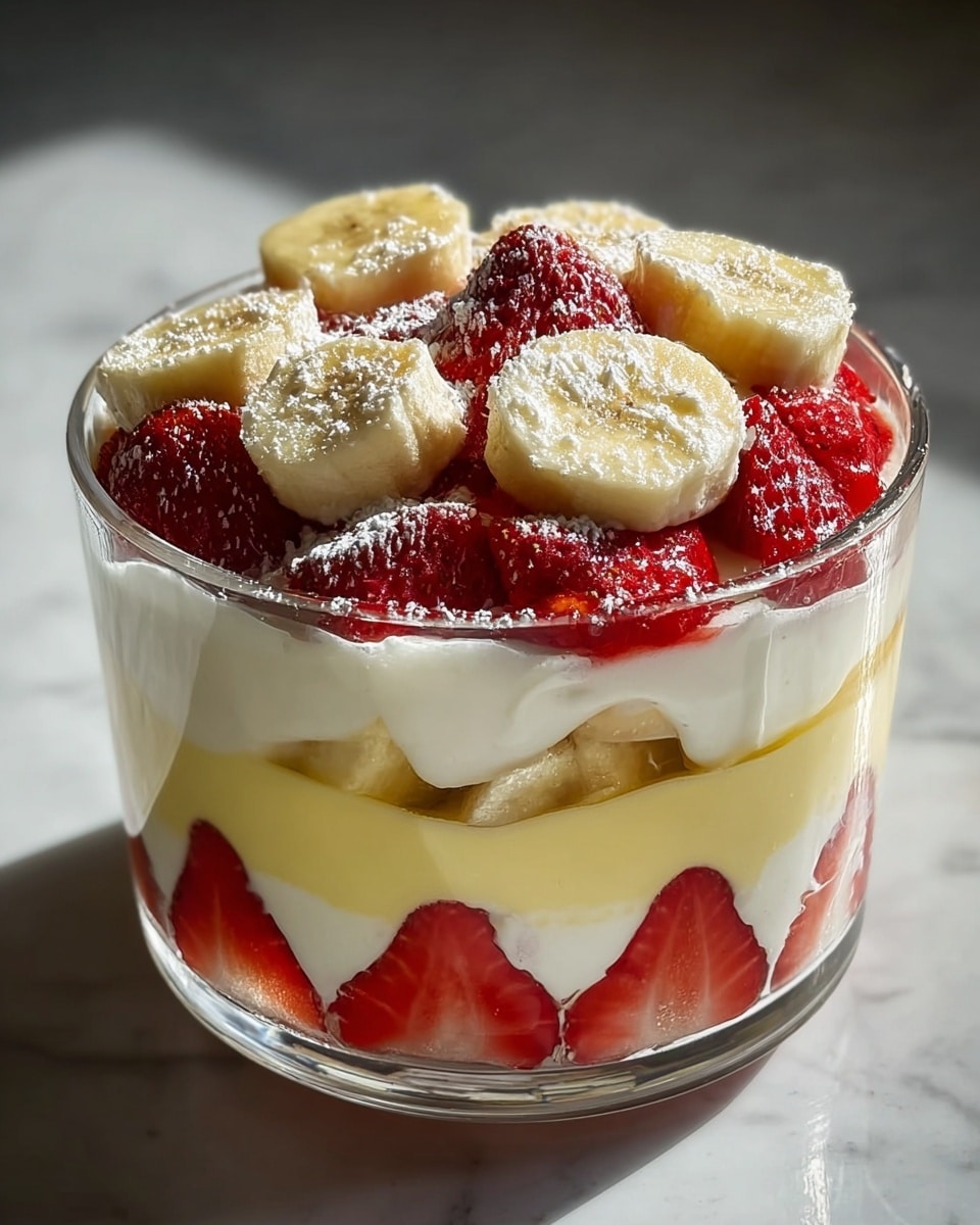 A clear glass bowl shows multiple layers of a dessert on a white marbled background. The bottom layer is made of bright red strawberry halves standing upright, next a thick layer of white creamy texture with pieces of banana slice above it. On top of that is a smooth pale yellow custard-like layer covering the white cream below. Above this custard is another thin layer of white cream, and finally the top layer is a mix of sliced red strawberries and yellow banana slices sprinkled lightly with white powdered sugar. The light shines softly on the dessert highlighting the fresh fruit and creamy layers. photo taken with an iphone --ar 4:5 --v 7