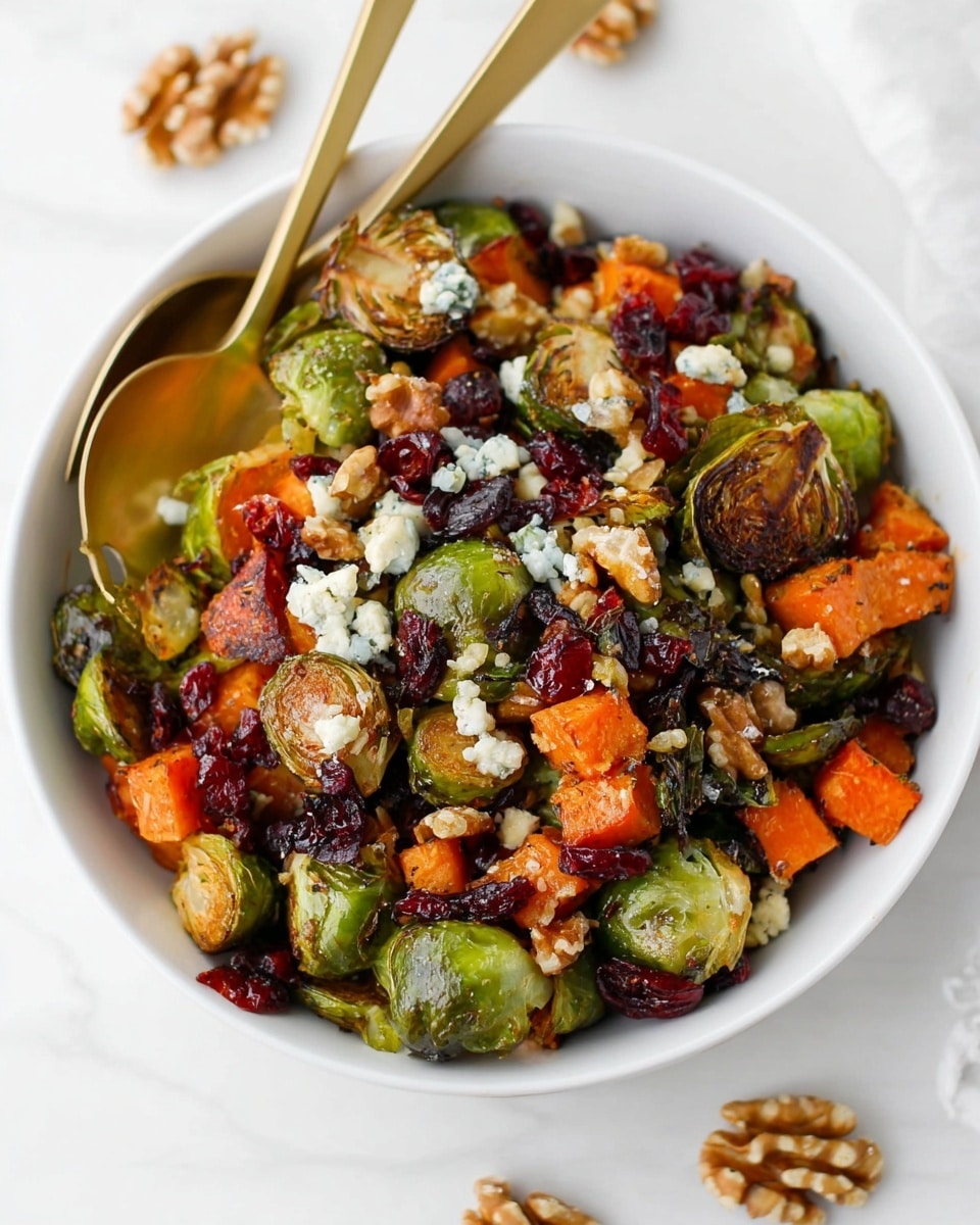 A white bowl filled with a colorful mixture of roasted Brussels sprouts with browned edges, orange roasted sweet potato chunks, dark red dried cranberries, and light brown walnut pieces. On top, there are small crumbles of white cheese with a slightly blue tint scattered unevenly. Two shiny gold spoons rest inside the bowl on the left side. The bowl sits on a white marbled surface with a few walnut pieces scattered outside near the bowl. Photo taken with an iphone --ar 4:5 --v 7