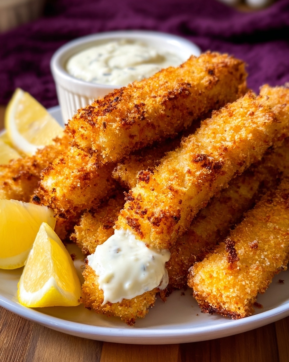 The image shows a plate with several golden brown, crispy fried fish sticks arranged vertically and closely packed, with one fish stick in the front topped with a dollop of creamy white tartar sauce. There is a white ramekin filled with the same sauce in the background and two lemon wedges placed on the left side of the plate. The plate is white and set on a wooden surface, with a blurred deep purple cloth in the backdrop, while the overall setting has a cozy, warm light. Photo taken with an iphone --ar 4:5 --v 7