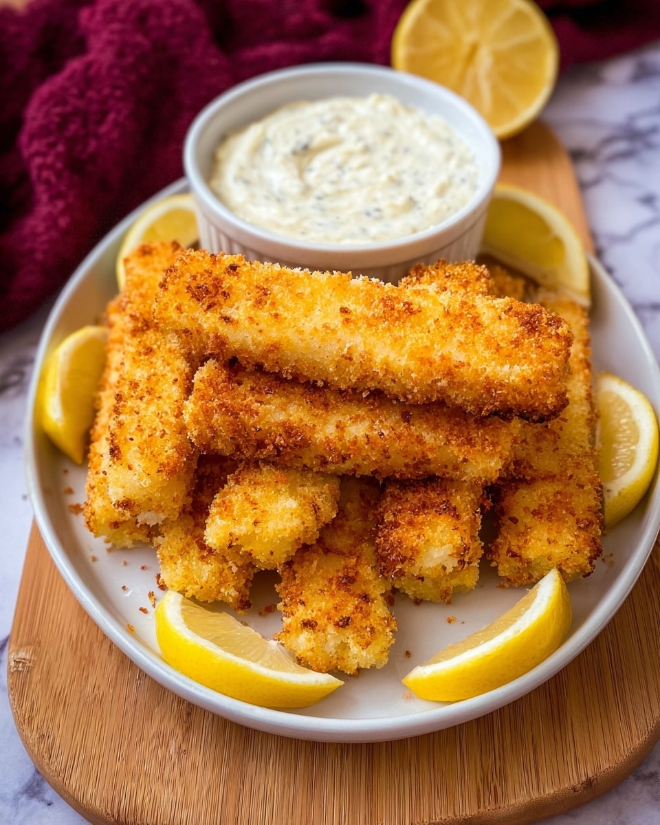 A white round plate is filled with several golden brown crispy fried fish sticks, stacked neatly in two layers. The fish sticks have a crunchy texture with some browned spots adding contrast. Around the edges of the plate are four lemon wedges with their bright yellow skin and juicy interior visible. Behind the plate on a wooden chopping board is a white ramekin filled with creamy white tartar sauce that has a smooth texture with small bits inside. The entire scene is set on a white marbled textured surface with a soft focus background including a dark red cloth. Photo taken with an iphone --ar 4:5 --v 7