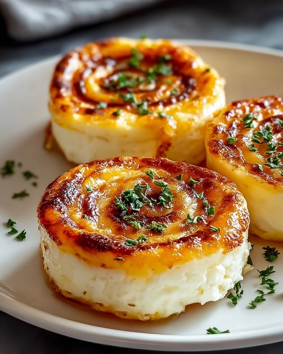 The image shows three round cheese rolls with two distinct layers each, placed on a white plate over a white marbled surface. The bottom layer is thick, soft, and white with a slightly crumbly texture. The top layer is a golden-brown, shiny cheese that appears caramelized and slightly crispy around the edges, with a swirl pattern visible on the surface. Finely chopped green herbs are sprinkled on top of each cheese roll, adding a fresh contrast to the rich colors. The overall look is warm and inviting, with the rolls closely arranged on the plate. photo taken with an iphone --ar 4:5 --v 7