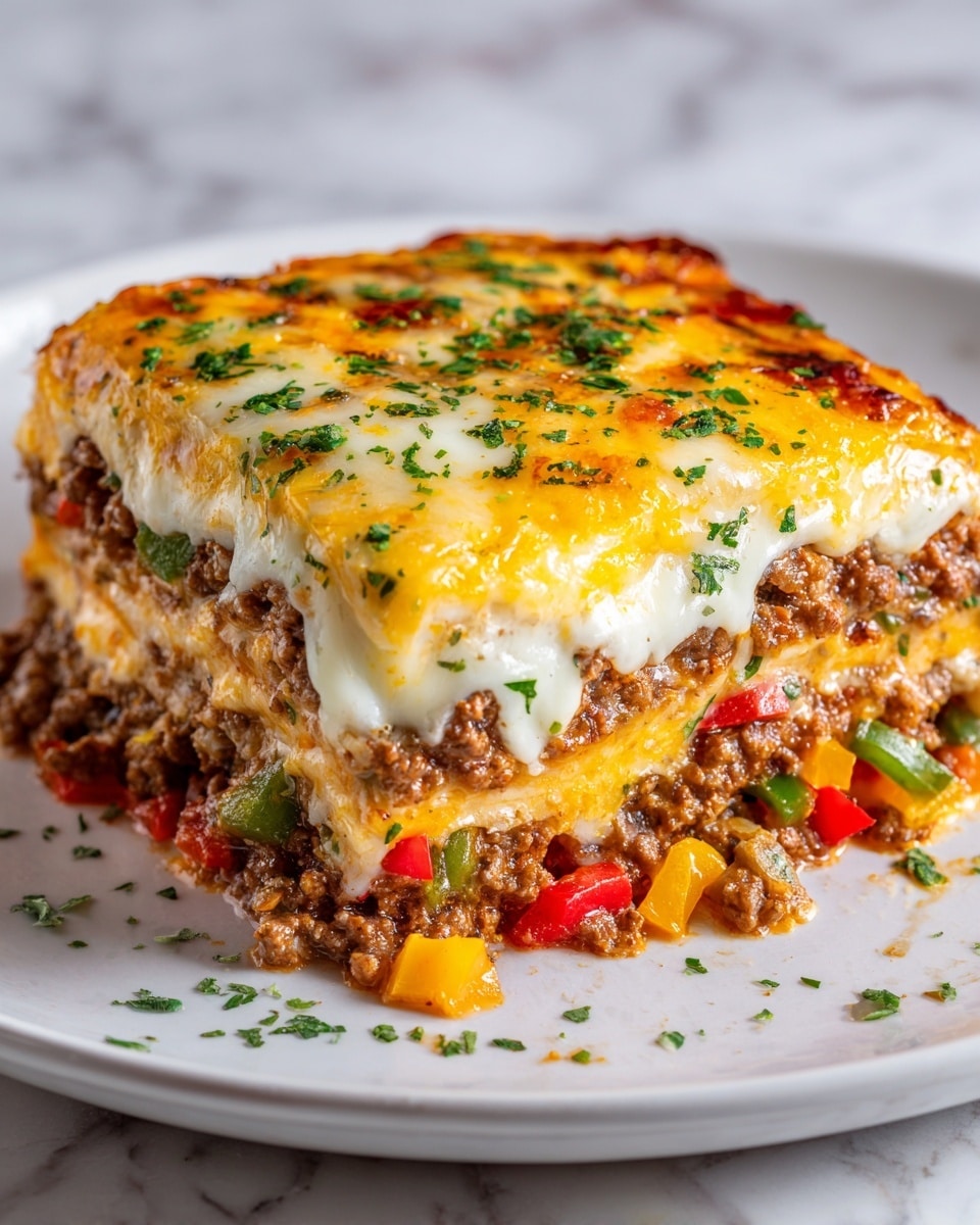 A thick slice of layered casserole on a white plate showing multiple layers: the bottom layer is a mix of cooked ground beef and diced colorful vegetables like red, yellow, and green bell peppers; above it are layers of melted white cheese stretching slightly on the sides, topped with a rich layer of browned melted cheddar cheese with green herb bits sprinkled over. The surface beneath is a white marbled texture. photo taken with an iphone --ar 4:5 --v 7