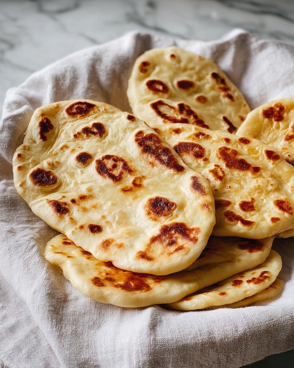 The image shows several flatbreads stacked together in a white cloth inside a basket. Each flatbread is round with a light golden color and has darker brown spots from cooking. The surface looks soft and slightly shiny, as if brushed with butter or oil, giving a glossy texture. The flatbreads have uneven edges and some bubbled areas, showing they are freshly made. The background is a white marbled texture with soft lighting. photo taken with an iphone --ar 4:5 --v 7