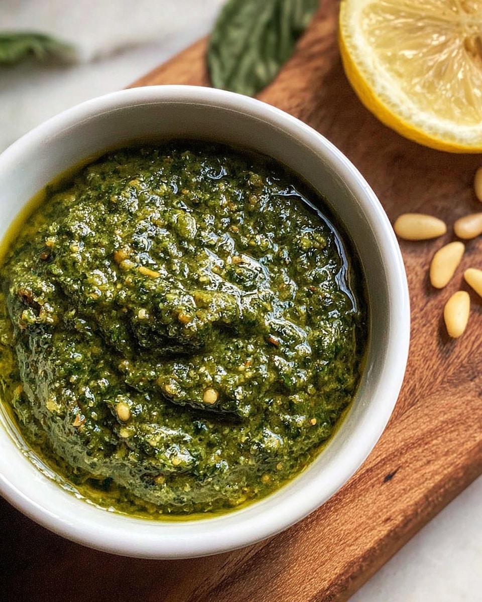A small white bowl filled with thick green pesto sauce, showing a coarse texture with small bits of herbs, nuts, and oil giving it a shiny surface. The bowl sits on a wooden board with a few pine nuts scattered beside it and a lemon wedge placed at the top right corner. The background has a white marbled texture. photo taken with an iphone --ar 4:5 --v 7