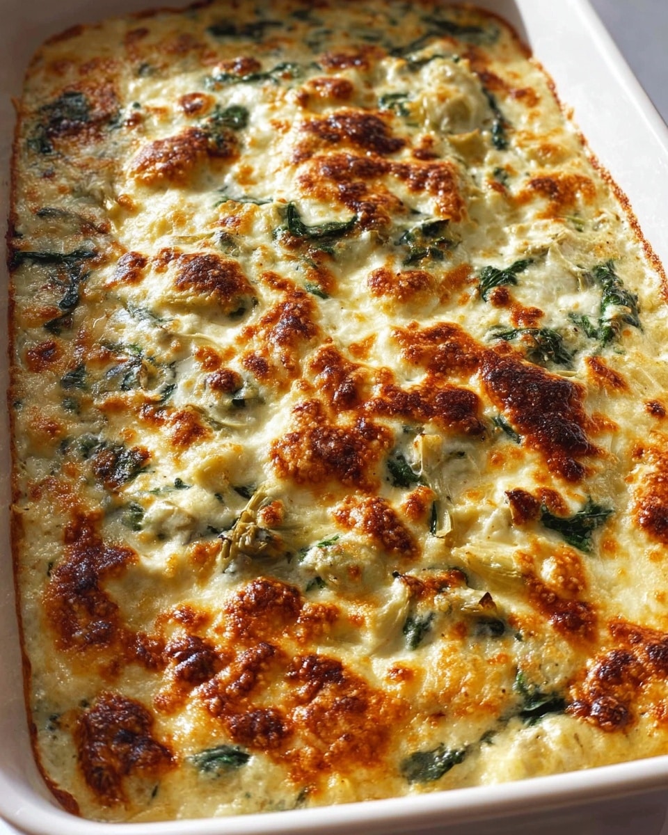 This image shows a creamy baked dish in a white rectangular baking dish. The top layer is golden brown with spots of bubbly, melted cheese that has browned in some areas. Beneath the cheesy crust, there are visible chunks of green spinach and soft, light cream-colored pieces, likely artichoke. The texture looks creamy and rich with a slightly crisp top. The dish fills the baking dish fully and appears hot and fresh from the oven. Photo taken with an iphone --ar 4:5 --v 7