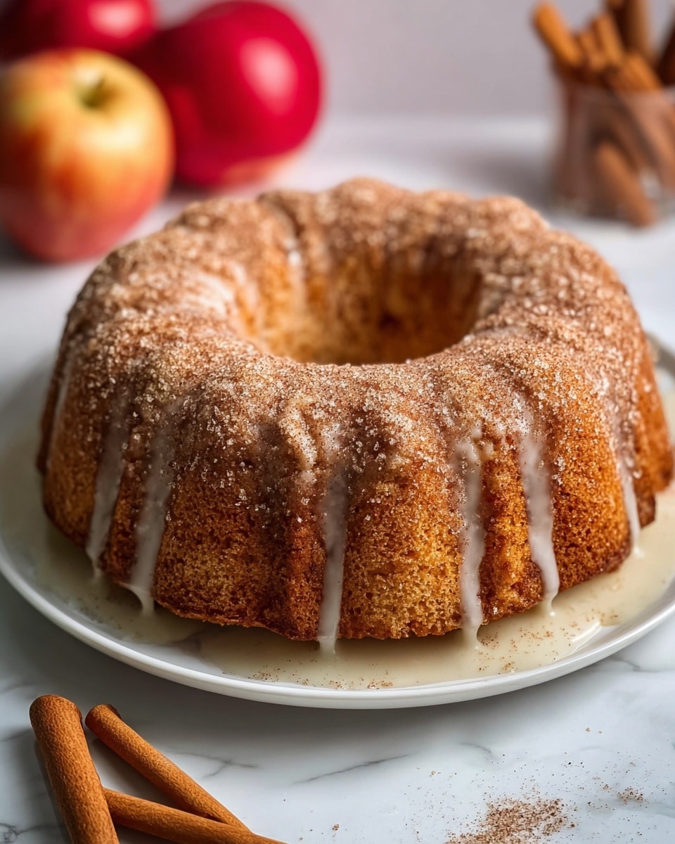 A round bundt cake with a golden brown color sits on a white plate atop a white marbled surface. The cake has a textured, slightly rough outer layer and is drizzled with a light white glaze that flows down the sides unevenly. The top is sprinkled generously with coarse sugar and cinnamon, adding a sparkling and grainy texture. In the background, two red apples and several cinnamon sticks are slightly out of focus, creating a cozy, warm atmosphere. photo taken with an iphone --ar 4:5 --v 7