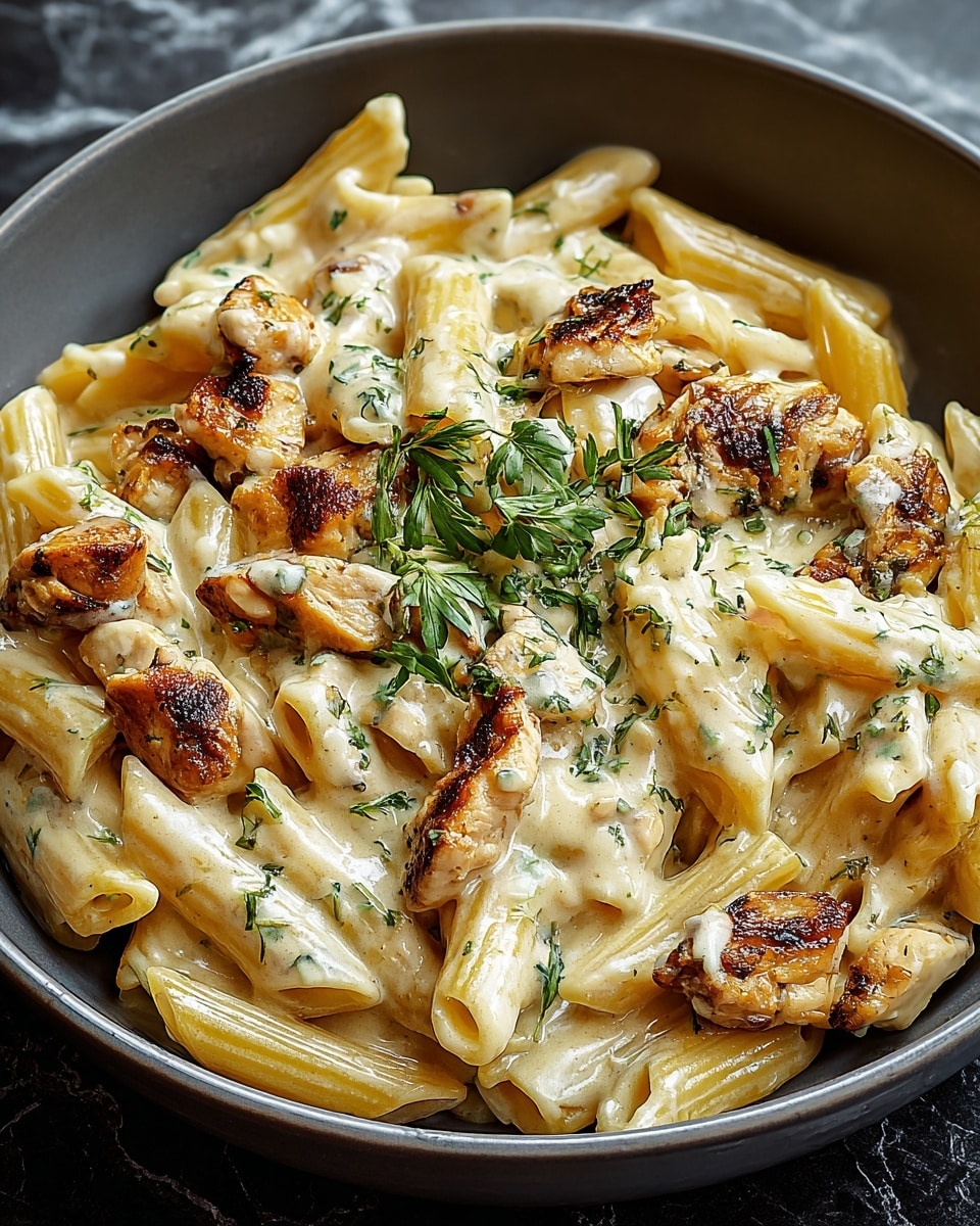 A bowl filled with creamy pasta made of penne noodles coated in a white sauce with small green herb pieces, mixed with browned chicken pieces with golden edges, all inside a smooth dark gray bowl placed on a white marbled surface, giving a warm, rich and hearty look to the dish photo taken with an iphone --ar 4:5 --v 7