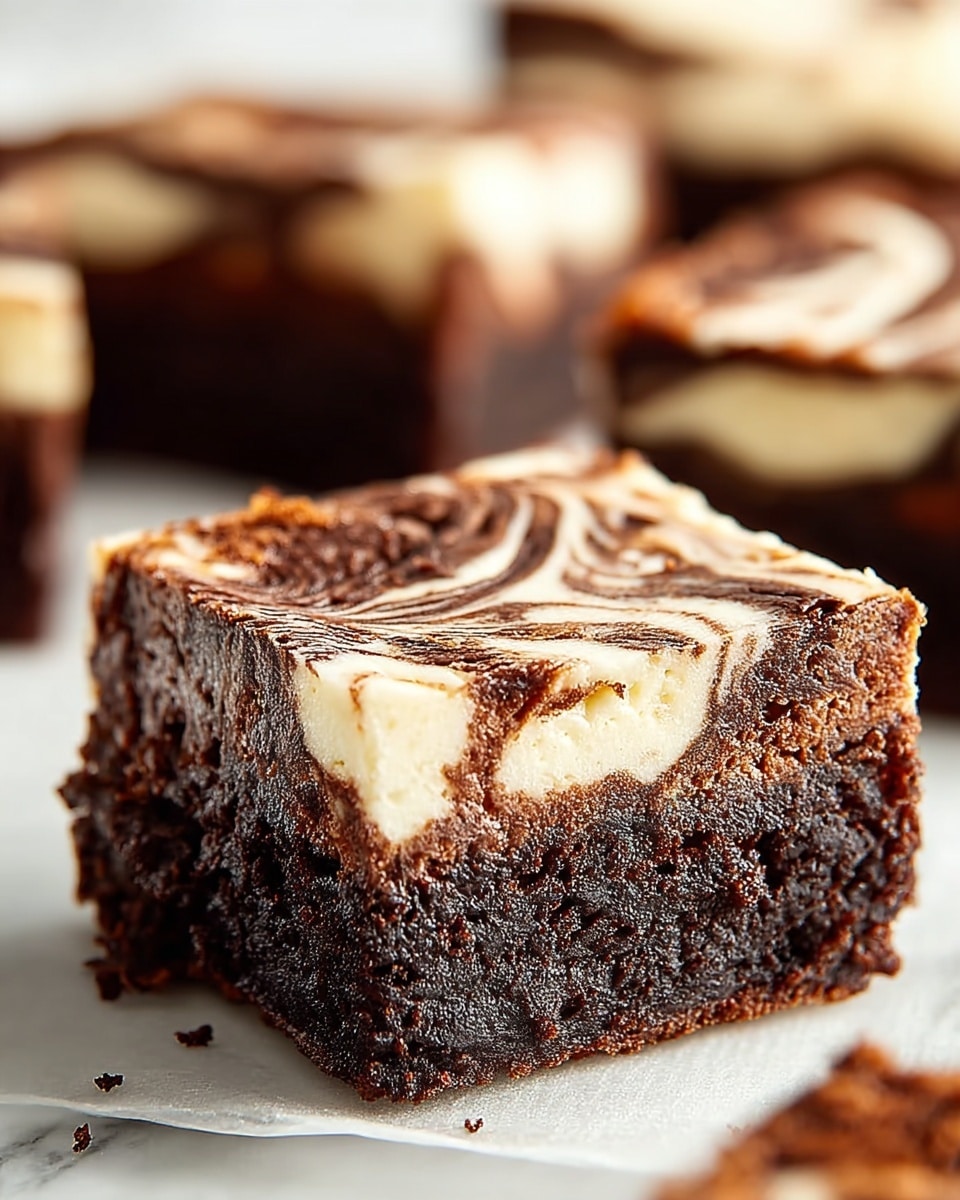 A close-up view of a square brownie with two main layers, the bottom layer is thick and dark brown with a moist, crumbly texture, while the top layer is creamy white cheesecake with dark brown chocolate swirls forming a marbled pattern on the surface. The brownie sits on a white marbled textured surface, and blurred pieces of the same brownie appear in the background, giving a soft focus effect. The edges are slightly rough and crumbly, highlighting its rich and dense nature. Photo taken with an iphone --ar 4:5 --v 7