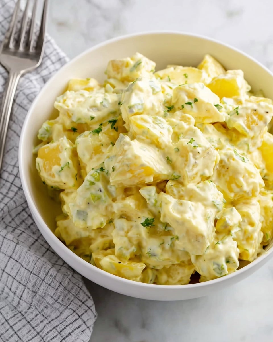 A close-up view of a white bowl filled with creamy potato salad, showing chunky pieces of yellow potatoes coated in a thick, light yellow mayo-based dressing mixed with small bits of green herbs. The salad has a rough, chunky texture with a smooth, slightly glossy sauce covering the potatoes. The bowl is placed on a white marbled surface, with a silver fork lying nearby and a gray cloth with a simple checkered pattern slightly visible in the background. Photo taken with an iphone --ar 4:5 --v 7