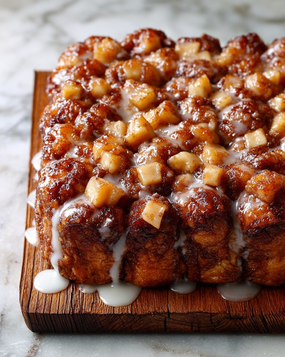 A square, golden-brown monkey bread sits on a white wooden board, with visible layers of soft, puffy dough pieces that are caramelized on the top with dark brown cinnamon sugar. The dough pieces are topped with small chunks of soft, cooked apple that are glossy and light golden, nestled between the cinnamon dough. A shiny, white glaze is drizzled unevenly over the entire bread, pooling slightly at the bottom edges. The bread looks sticky and sweet with the contrast between the dark cinnamon crust and the creamy glaze. The background is a white marbled surface. photo taken with an iphone --ar 4:5 --v 7