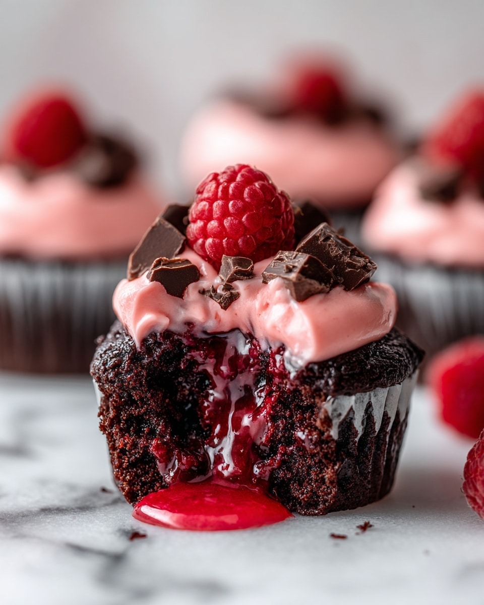 A dark chocolate cupcake with a moist, crumbly texture is topped with a smooth, thick pink frosting layer that is decorated with chunks of dark chocolate and a fresh red raspberry. The cupcake is partially eaten, revealing a flowing, glossy deep red berry filling inside that drips down the front. The cupcake rests on a white marbled surface, with more similar cupcakes blurred softly in the background. photo taken with an iphone --ar 4:5 --v 7