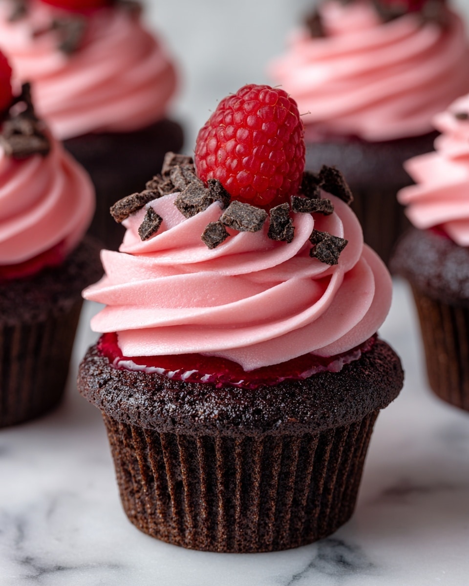 A dark chocolate cupcake with three visible layers: a moist dark brown cake base, a thick glossy dark red raspberry filling in the center flowing out, and a smooth bright pink frosting swirled on top in a circular pattern. The frosting is decorated with small, irregular dark chocolate pieces and topped with a whole fresh raspberry. The cupcake is surrounded by other cupcakes with the same design, all on a white marbled textured surface. photo taken with an iphone --ar 4:5 --v 7
