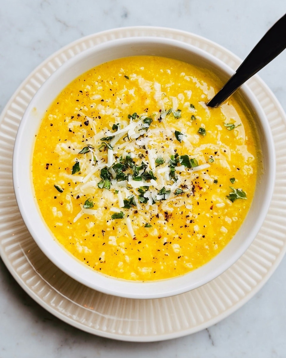 A white bowl filled with a thick yellow soup that has a creamy texture and small bits visible inside, likely rice or grains. The soup is topped with white shredded cheese, small green herb pieces, and a sprinkle of black pepper. A black spoon is partially submerged on the right side of the bowl. The bowl sits on a white plate with ridged edges, all placed on a white marbled surface. Photo taken with an iphone --ar 4:5 --v 7