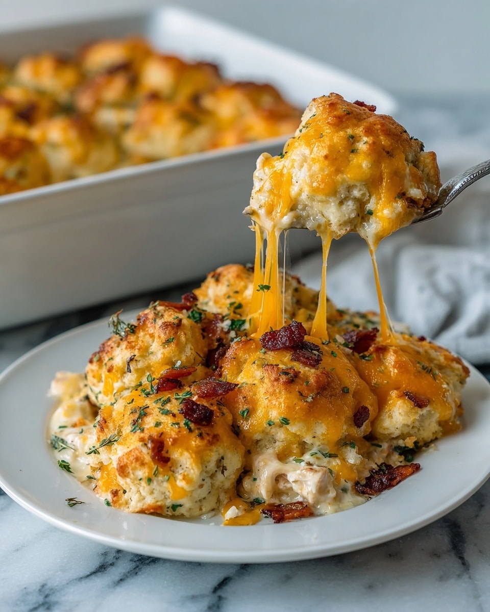 A white plate holds a serving of a layered casserole. The bottom layer is creamy white chicken pieces mixed with sauce, topped by large, uneven golden biscuit-like dough clumps that have a slightly crisp texture. The top has melted bright orange cheddar cheese stretching from the casserole to the silver fork lifting a portion. Small dark reddish-brown bacon bits scatter over the cheese, with a light sprinkling of green herbs adding color contrast. In the background, a white baking dish is filled with the same casserole on a white marbled surface. Photo taken with an iphone --ar 4:5 --v 7
