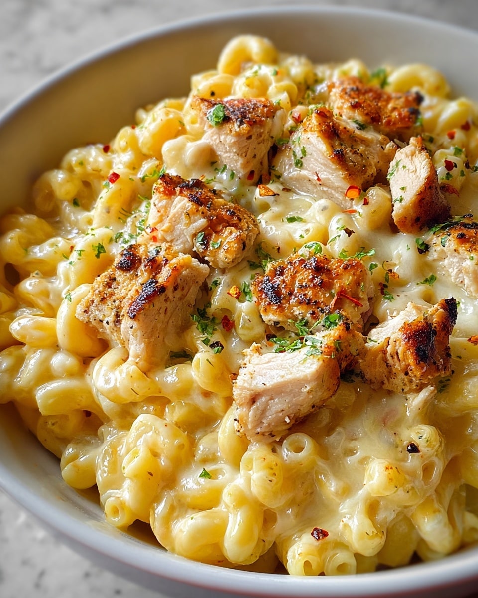 A white bowl filled with creamy macaroni pasta, coated in smooth, light yellow cheese sauce, with several pieces of grilled chicken scattered on top having golden brown grill marks. The dish is sprinkled with chopped green herbs and tiny red chili flakes, adding pops of green and red color. The texture shows soft pasta curls mixed with tender chicken chunks and melted cheese pulling slightly from the pasta. The bowl sits on a white marbled surface. photo taken with an iphone --ar 4:5 --v 7