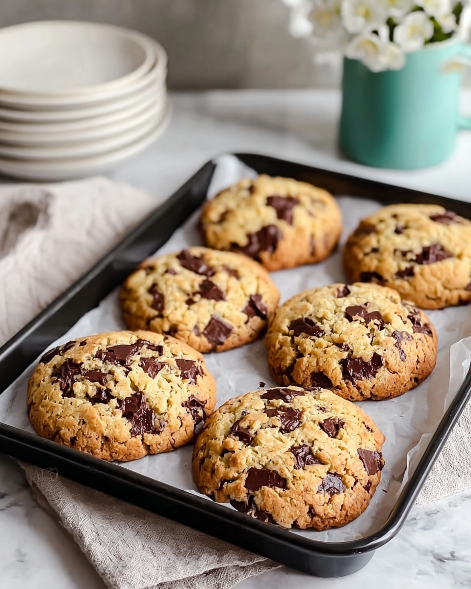 The image shows a close-up of several chunky chocolate chip cookies arranged on a white marbled textured surface. Each cookie has a rough, crumbly golden dough base with many dark brown chocolate chunks spread unevenly across the top. The cookies are thick with a slightly cracked and textured surface that highlights the soft and chewy inside. The edges are lightly browned, adding a slight crisp look, while the center appears soft and full of melty chocolate pieces. Photo taken with an iphone --ar 4:5 --v 7