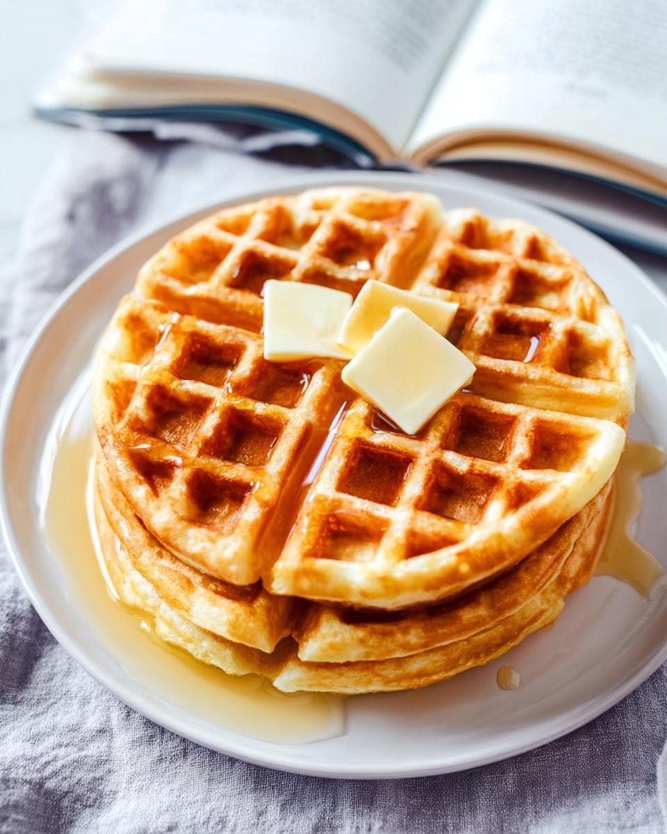 A stack of three golden brown waffles sits centered on a white plate, each waffle showing a crisp grid pattern with deep square pockets. The top waffle has two small square pats of melting butter placed side by side near the middle, with clear amber syrup drizzled over it, pooling slightly in some pockets. The plate rests on a soft textured light gray cloth, and a blurred cookbook is open in the background. The overall image looks bright and warm with a clean white marbled texture underneath. photo taken with an iphone --ar 4:5 --v 7