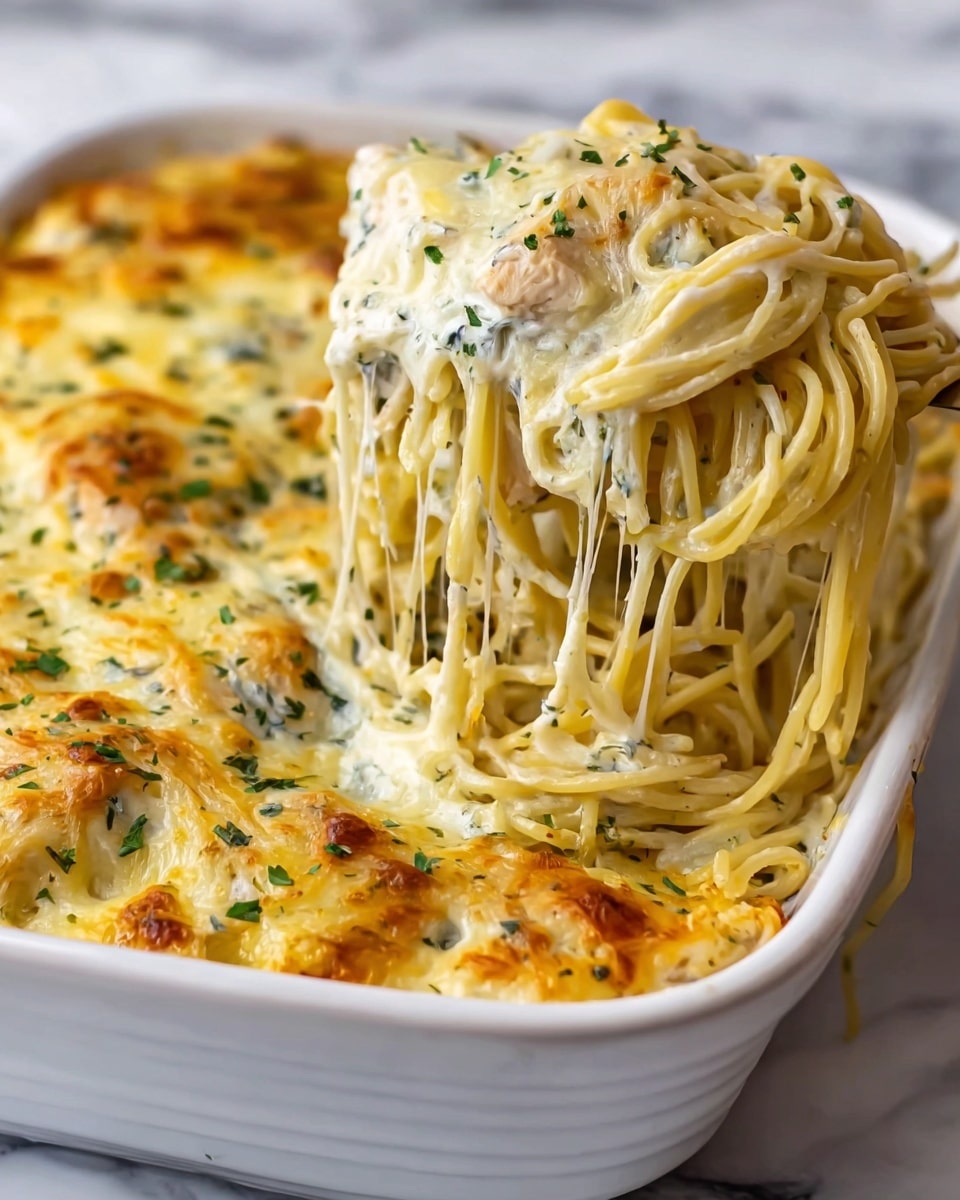 The dish is a baked spaghetti casserole in a white rectangular baking dish filled nearly to the top. The top layer shows melted golden-yellow and light brown cheese with small green herb bits scattered around. Below the cheesy crust, the spaghetti is creamy, with visible white sauce mixed with pieces of chicken and green herbs throughout, giving a rich texture. The noodles are pale yellow and slightly shiny, clumped together in the middle, showing a thick and smooth sauce coating. The edges of the dish have a slight browning from baking, adding a crispy texture to parts of the dish. The whole scene is on a white marbled surface. photo taken with an iphone --ar 4:5 --v 7