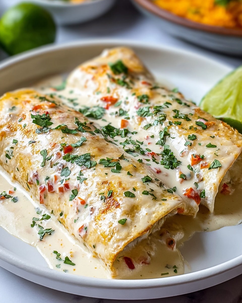 Two rolled enchiladas rest side by side on a white plate, covered in a creamy white sauce with small bits of red pepper and chopped green herbs sprinkled over the top. The soft tortillas have a light golden color showing under the sauce, with some sauce pooling slightly around them. The texture of the sauce looks smooth and rich, coating the enchiladas evenly. In the blurry background, parts of other dishes and a lime wedge are visible, all placed on a white marbled surface. photo taken with an iphone --ar 4:5 --v 7