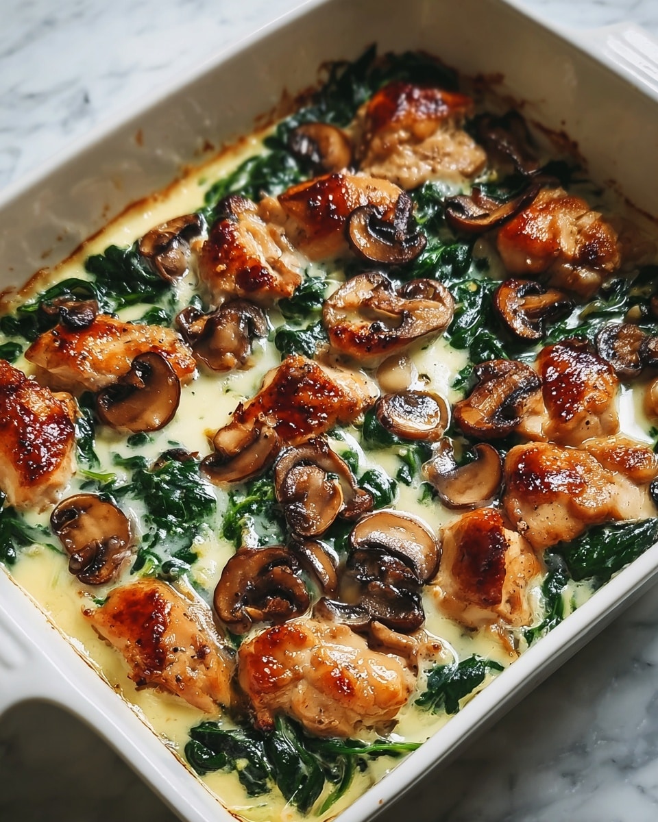 This dish is shown in a white rectangular baking dish with three visible layers. The bottom layer features dark green cooked spinach with a glossy texture. On top of that lies a creamy, light yellow sauce that looks smooth and slightly melted. The top layer is made up of golden-brown seared chicken pieces and sliced sautéed mushrooms, both showing a shiny, caramelized surface with crisp edges. The colors contrast well, with the bright cream, deep green spinach, and rich brown chicken and mushrooms creating a warm and inviting look. The photo was taken on a white marbled surface. photo taken with an iphone --ar 4:5 --v 7