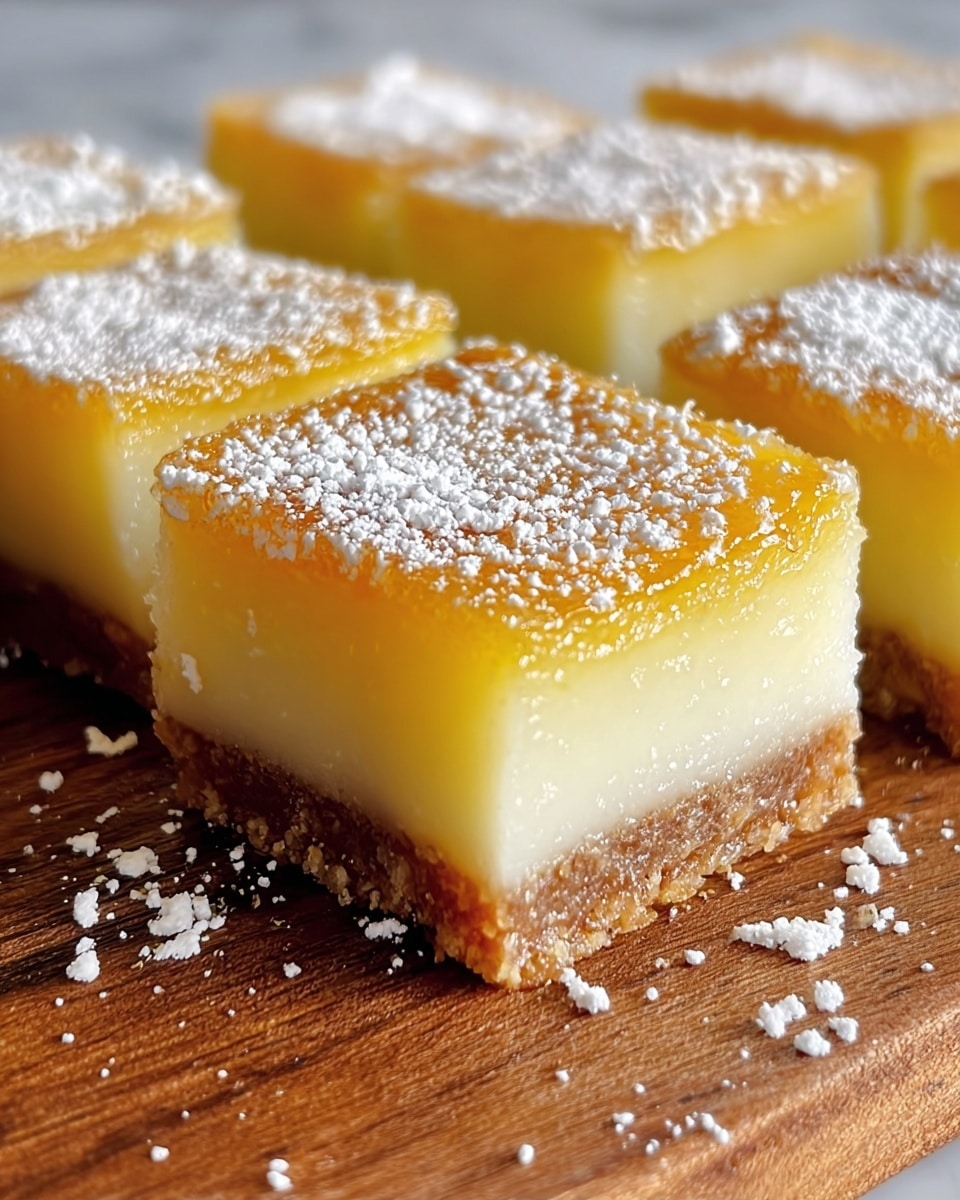 The image shows several square lemon bars neatly arranged on a wooden surface against a white marbled texture. Each lemon bar has three layers: a thin, crumbly light brown crust at the bottom; a thick, smooth, pale yellow middle lemon filling; and a shiny, slightly textured golden brown top layer dusted with a thin layer of white powdered sugar. The lemon bars are cut cleanly with sharp edges, and some crumbs and powdered sugar are scattered around them. Photo taken with an iphone --ar 4:5 --v 7