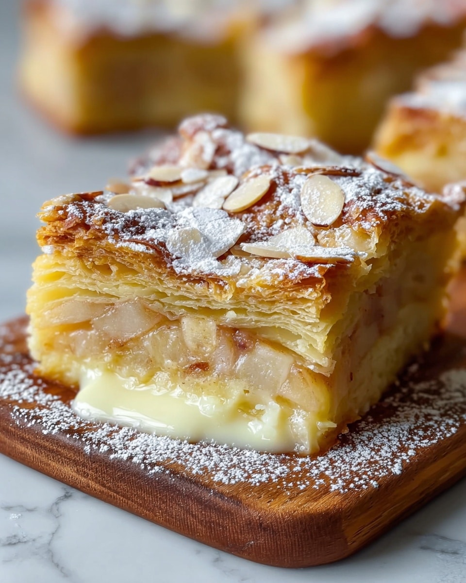 A close-up view of a square piece of dessert showing many thin, soft layers of pale yellow baked dough and apple slices tightly stacked inside. The top layer is golden brown with toasted almond slices scattered on it and dusted with white powdered sugar. At the bottom corner, creamy light-colored custard is oozing out slightly. The dessert is placed on a wooden board with more powdered sugar around it, set on a white marbled surface. Another similar piece is seen blurred in the background. photo taken with an iphone --ar 4:5 --v 7