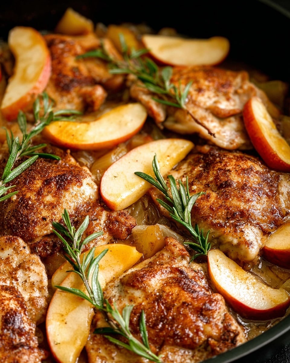 The image shows a close-up of cooked chicken thighs and sliced apples in a pan. The dish has two main layers: the bottom layer is a mix of soft, golden-brown cooked onions and sauce, while the top layer has tender chicken thighs seasoned with spices, showing a browned and slightly crispy texture. On top of and around the chicken are several slices of cooked apples, which are soft and slightly caramelized with a golden-yellow and light red color. Fresh green rosemary sprigs are scattered over the dish, adding a pop of green. The pan edges are seen in black, contrasting with the warm tones of the food. The photo is taken with an iphone --ar 4:5 --v 7